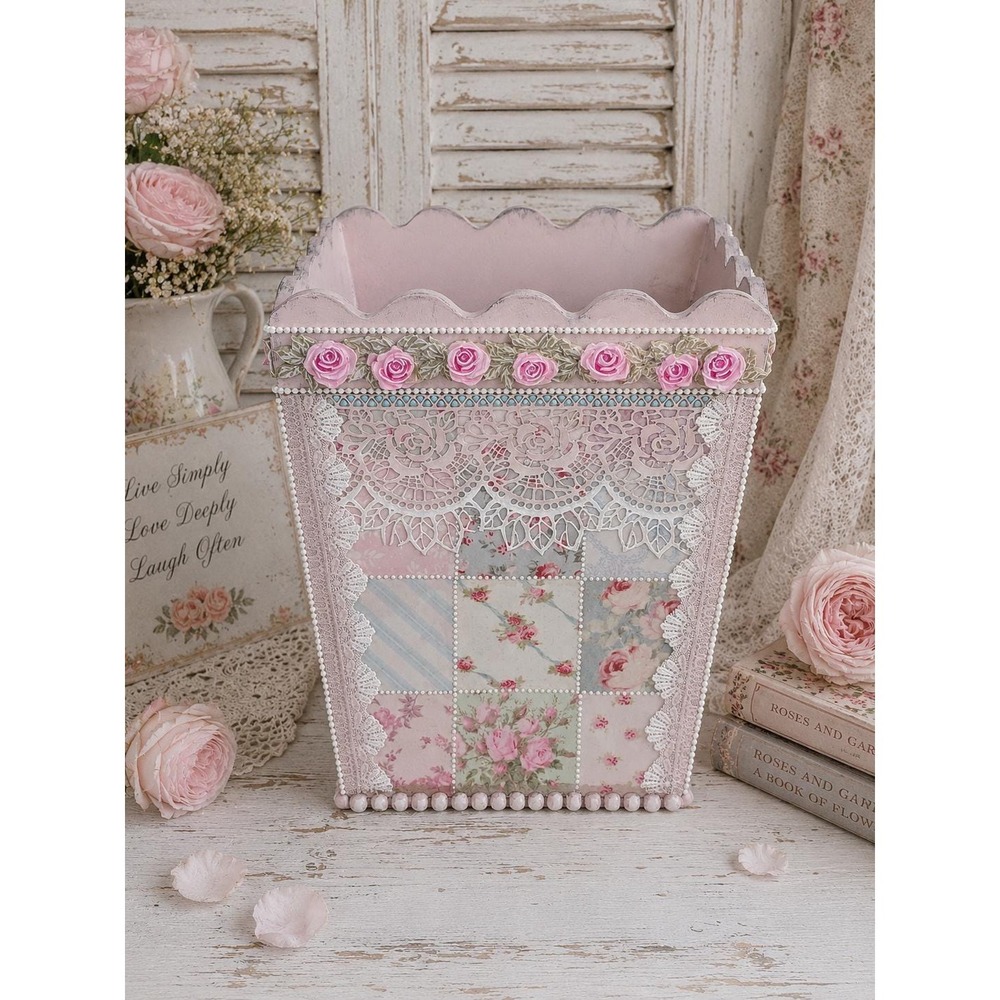 Rachel Ashwell Inspired Shabby Chic Rose Cottagecore Pink Patchwork Wastebasket - Picture 5 of 13
